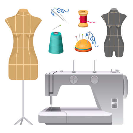 Dummies for clothes and modern electric sewing machineのイラスト素材