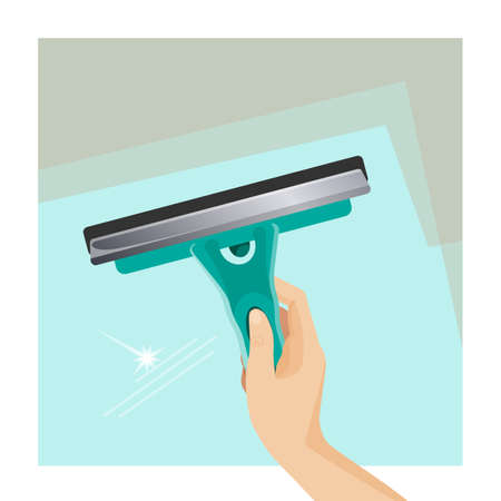 Window scrubber and squeegee on glass surface, working tool in human hand vector illustration.のイラスト素材