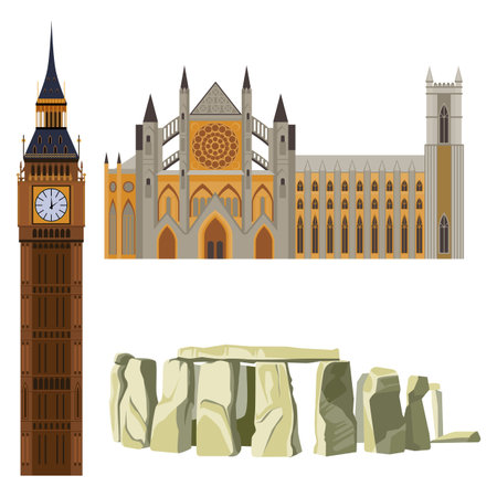 Sightseeing of Great Britain Westminster Abbey, Big Ben, Stonehenge concept vector illustrationのイラスト素材