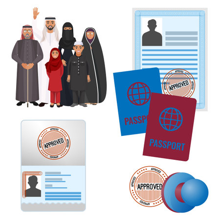 Arabic family with approved by stamp documents and passports vector illustrationのイラスト素材