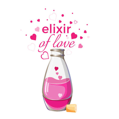 Elixir of love bottle with pink liquid and hearts isolatedのイラスト素材