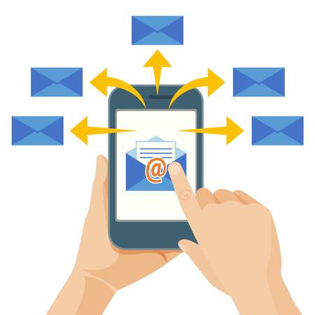 Hand sending commercial message from mobile phone to peopleのイラスト素材