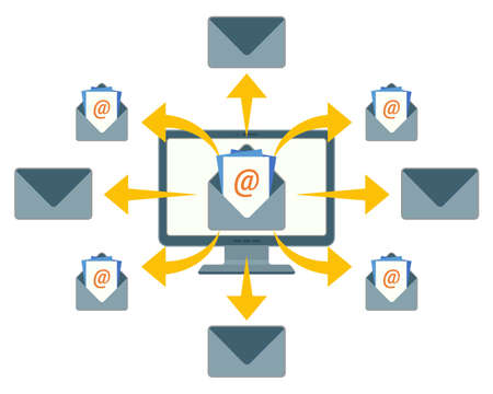 Sending email messages with purpose of enhancing merchants relationship with customers. email marketing concept. vector computer screen and mailing lettersのイラスト素材