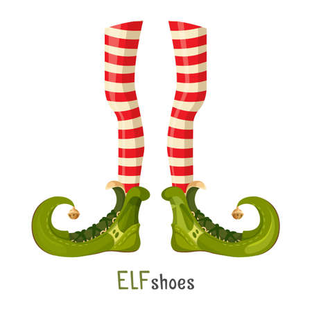 Elf green shoes and striped red leggings on thin legsのイラスト素材
