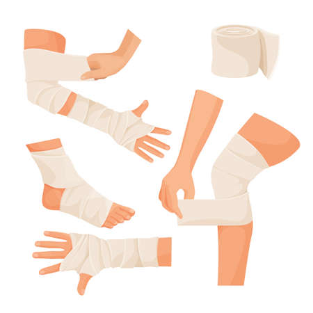 Elastic bandage on injured human body parts setのイラスト素材