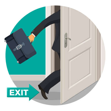 Exit door and businessman in black suit with leather briefcase that leaves premises. Open way to go away from building isolated cartoon vector illustration.のイラスト素材