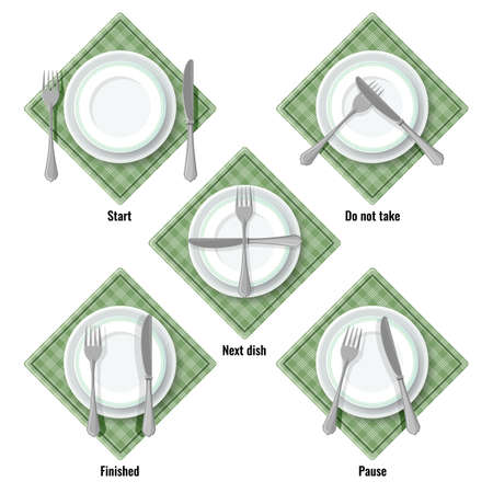 Proper table etiquette instructions how to place cutlery. Checkered napkin, ceramic plate, silver fork and knife isolated cartoon vector illustration.のイラスト素材