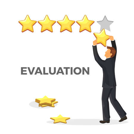 Evaluation promo poster with gold star and man in suit. Male character gives estimation. Grade for any service in universal form isolated vector illustration.のイラスト素材