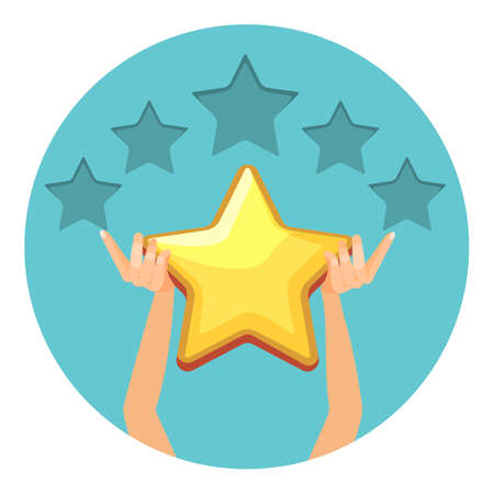 Evaluation in shiny gold stars for offered services. Grade in universal form. Human arms give estimation isolated cartoon vector illustration in circle.のイラスト素材