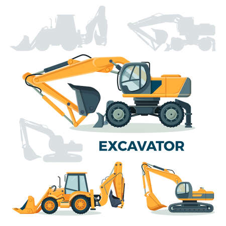 Modern powerful excavator for building and construction set. Huge special machine with capacious long ladle isolated cartoon flat vector illustrations.のイラスト素材