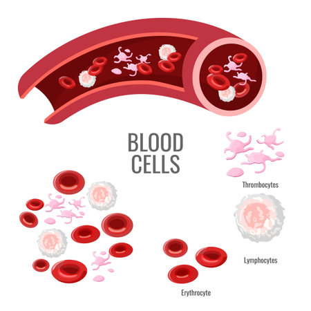 Blood cells exploration scientific poster with microscopic bodies. Pink thrombocytes, round lymphocytes and red erythrocytes vector illustrations on banner.のイラスト素材