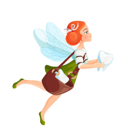 Tooth fairy with transparent wings in green dressのイラスト素材