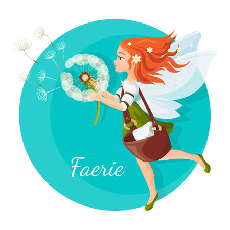 Redhead faerie with transparent wings holds dandelion logoのイラスト素材