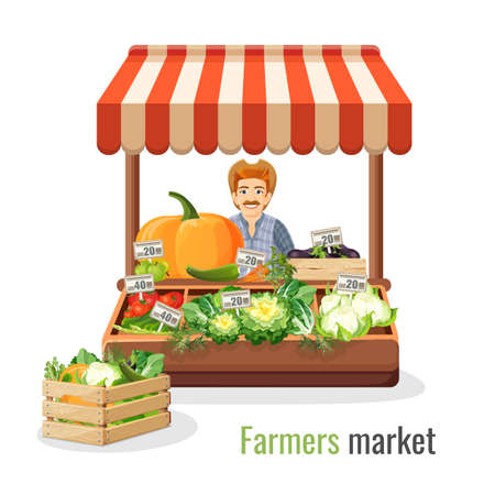 Farmers market promo with man at counter full of vegetablesのイラスト素材
