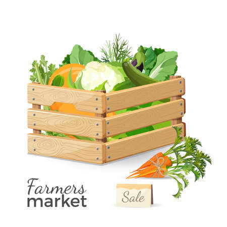 Sale at farmers market promo poster with vegetables in wooden boxのイラスト素材