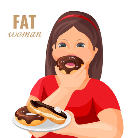Fat woman eats donuts and cake covered with chocolateのイラスト素材