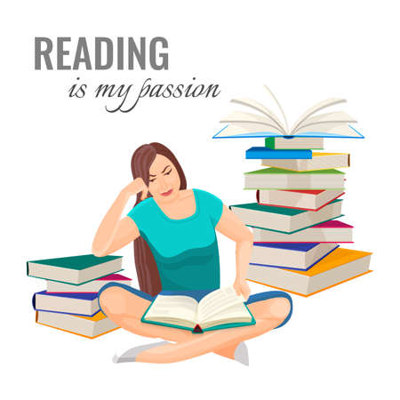 Reading my passion poster with woman among book pilesのイラスト素材