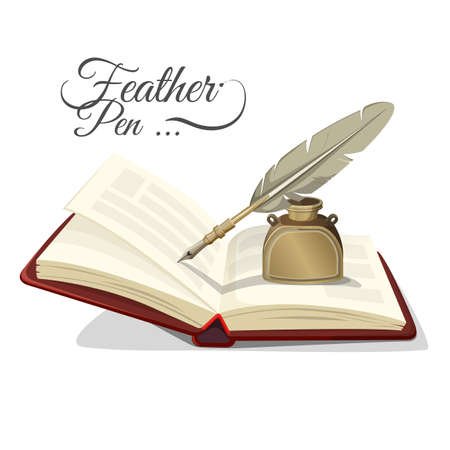 Feather pen and inkwell on open book vector illustration isolatedのイラスト素材
