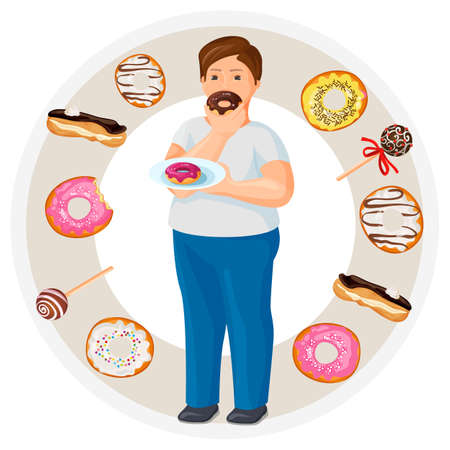 Fat guy eats donut surrounded with tasty sweets and dessertsの写真素材