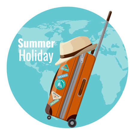 Summer holiday promo banner with suitcase and hatのイラスト素材