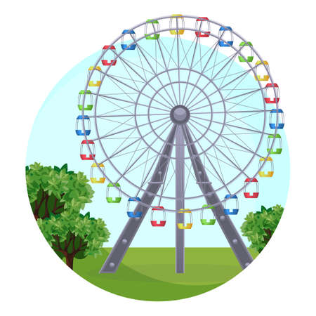 Ferris big observation rotating wheel in park on background of green leaves. Vector illustration of carousel in amusement park attraction isolated in circleのイラスト素材