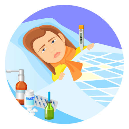 Child lying in bed with fever vector illustrationのイラスト素材