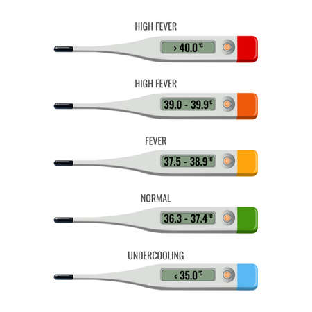 Electronic thermometer with explanation of temperature types set. High fever and normal human state, undercooling. Objects showing human body heat, isolated vectorのイラスト素材