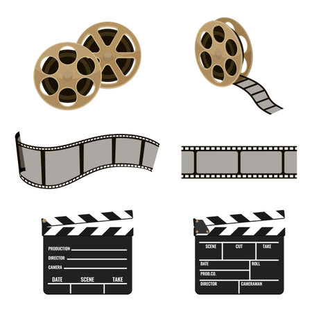 Film reel and clapper board symbols of filmmaking footage icons set. Flexible strip of plastic to produce motion pictures isolated on vector illustrationのイラスト素材