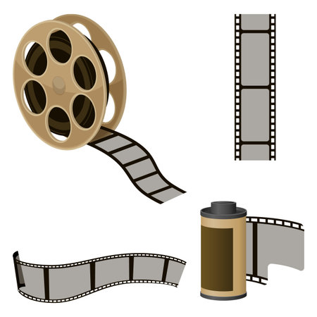 Film roll sets of elements for filmmaking. Movie industry icons to produce motion pictures. Camera footage objects reel and strip isolated on vector illustrationのイラスト素材