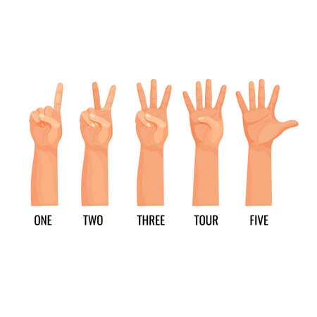 Counting hands show figures, count one, two, three, four, five isolated. Hand showing fingers icons set. Person counting with help of nonverbal language vectorのイラスト素材