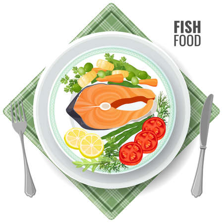 Fish food roasted salmon meat set. Slice served with vegetables lemon and tomatoes, dill and green pea. Meal with fork and knife on plate, serviette vectorのイラスト素材