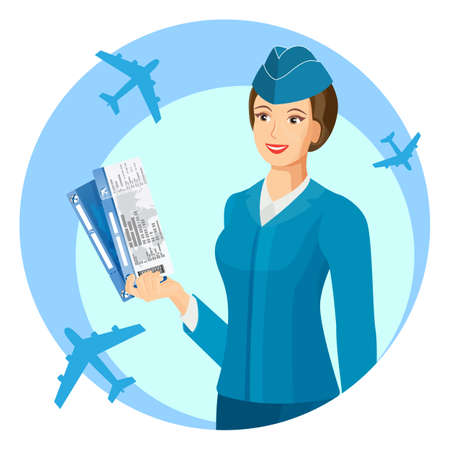 Smiling stewardess with air passage in hands promo posterのイラスト素材
