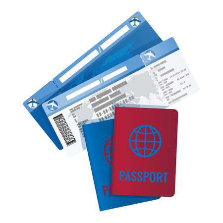 Tickets and passport for travelling abroad. Document and identification pages to go somewhere. Travelling by plane with identity card isolated vectorのイラスト素材