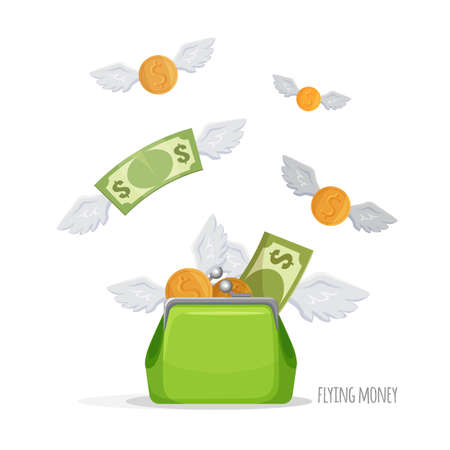 Full of money symbolic green purse. Bewinged dollar bills and shiny flying coins. Color vector isolated on white. Moneymaking commercial poster idea.のイラスト素材