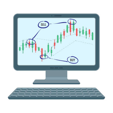 Special chart with green and red candles that symbolize cost changing for different assets abstract strategy for money investing, sell and buy process, computer vectorのイラスト素材