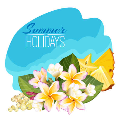 Frangipani flowers with exotic fresh fruits isolated on white, abstract summer symbolism, blossom plants with big green leaves, collection of round glossy berriesのイラスト素材