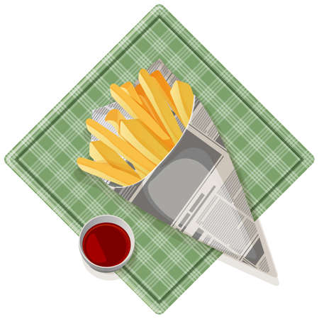 Fast food french fries, roasted potato in newspaper cone, green salver with square ornament, small bowl with sauce, isolated on white vector mealのイラスト素材
