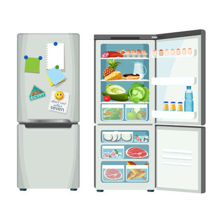 Fridge closed and full of products, vector refrigerator for food storage, silver case with metal handles, colorful notes and magnets pinned to ice-box doorのイラスト素材