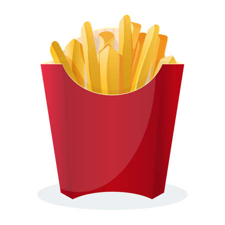 Fried potato isolated on white background vector popular fast food, sliced vegetable roasted in oil, salted slices in special red container for appetizerのイラスト素材