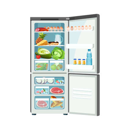 Fridge food container with eggs meat milk fruits vegetables frozen fish and cheese, isolated vector modern ice-box, comfortable products storage iconのイラスト素材