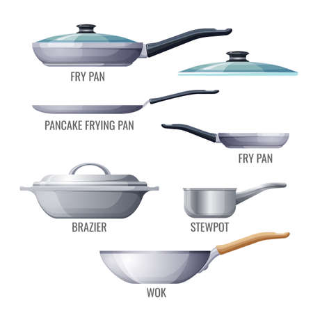 Set of metallic pans and kitchen utensils sketchy icons. Pancake frying pan and skillet, brazier and stewpot, wok and cover, closeup of cooking equipment vectorのイラスト素材