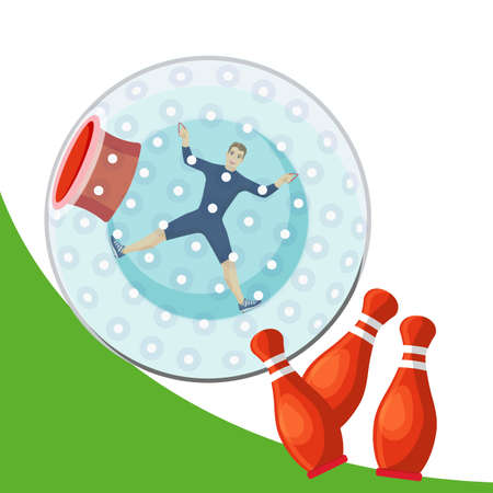 A man rolling down the mountain in zorbing sphere and breaking the pins. Vectorのイラスト素材