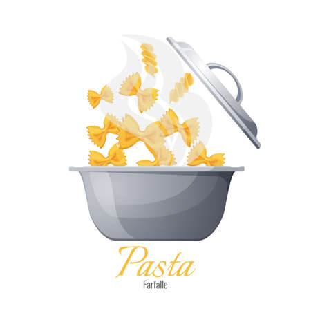 Farfalle and fusilli Italian pasta in pot with cover, vector isolated. Process of preparing Italy cuisine food, boiling pasta in saucepanのイラスト素材