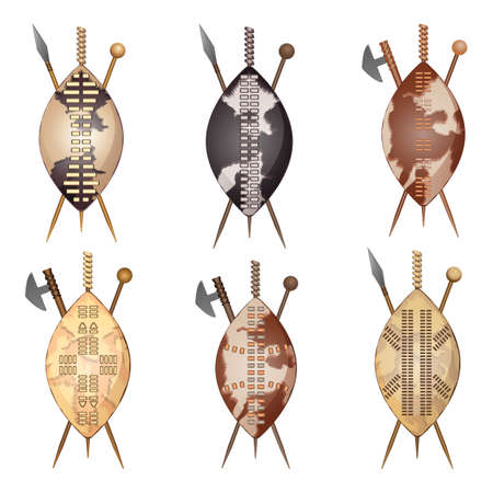 African Zulu assegai spear shield and club set isolated vector. Ancient Africa weapon, ethnic warrior objects, crossed personal armourのイラスト素材