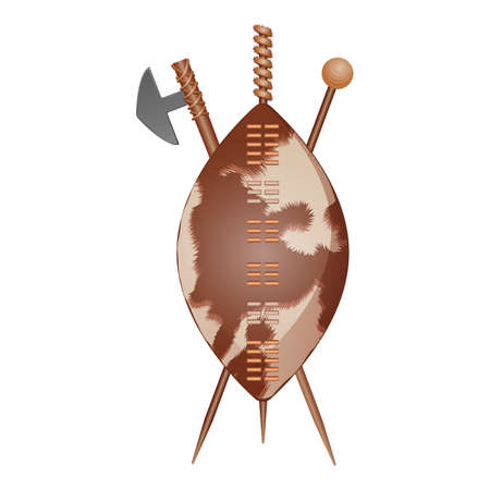 Zulu shield, ethnic african weapon made of animal skin, crossed spears vector isolated icons. Assegai spear shield and club isolated vector personal armourのイラスト素材