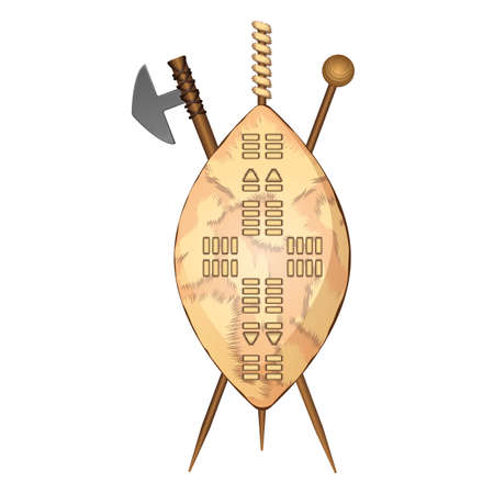 Zulu shield, ethnic african weapon made of animal skin, crossed spears vector isolated icons. Assegai spear shield and club isolated vector personal armourのイラスト素材