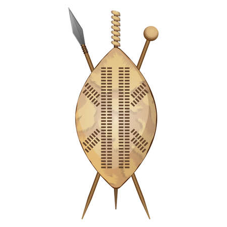 Zulu shield, ethnic african weapon made of animal skin, crossed spears vector isolated icons. Assegai spear shield and club isolated vector personal armourのイラスト素材