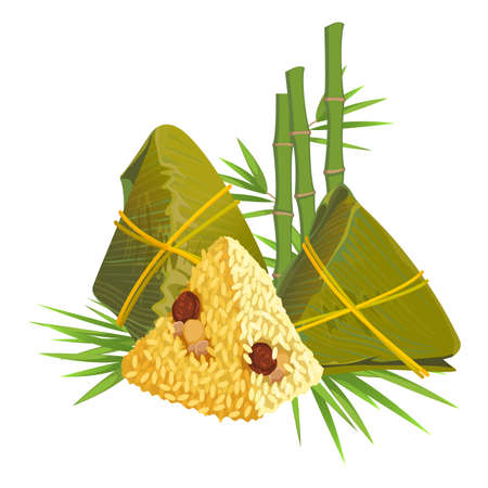 Zongzi for dragon boat festival, dim sum Chinese dumpling rice on background of bamboo plant leaves isolated vector. Traditional asian foodのイラスト素材