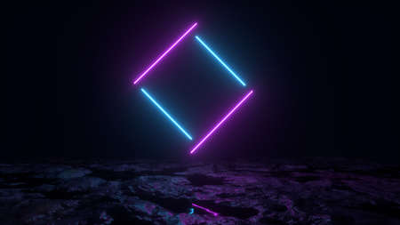 Pink and blue neon lights fly over the groundの写真素材