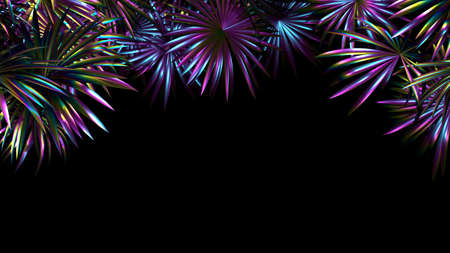 3d render of neon palm leaves on blackの写真素材